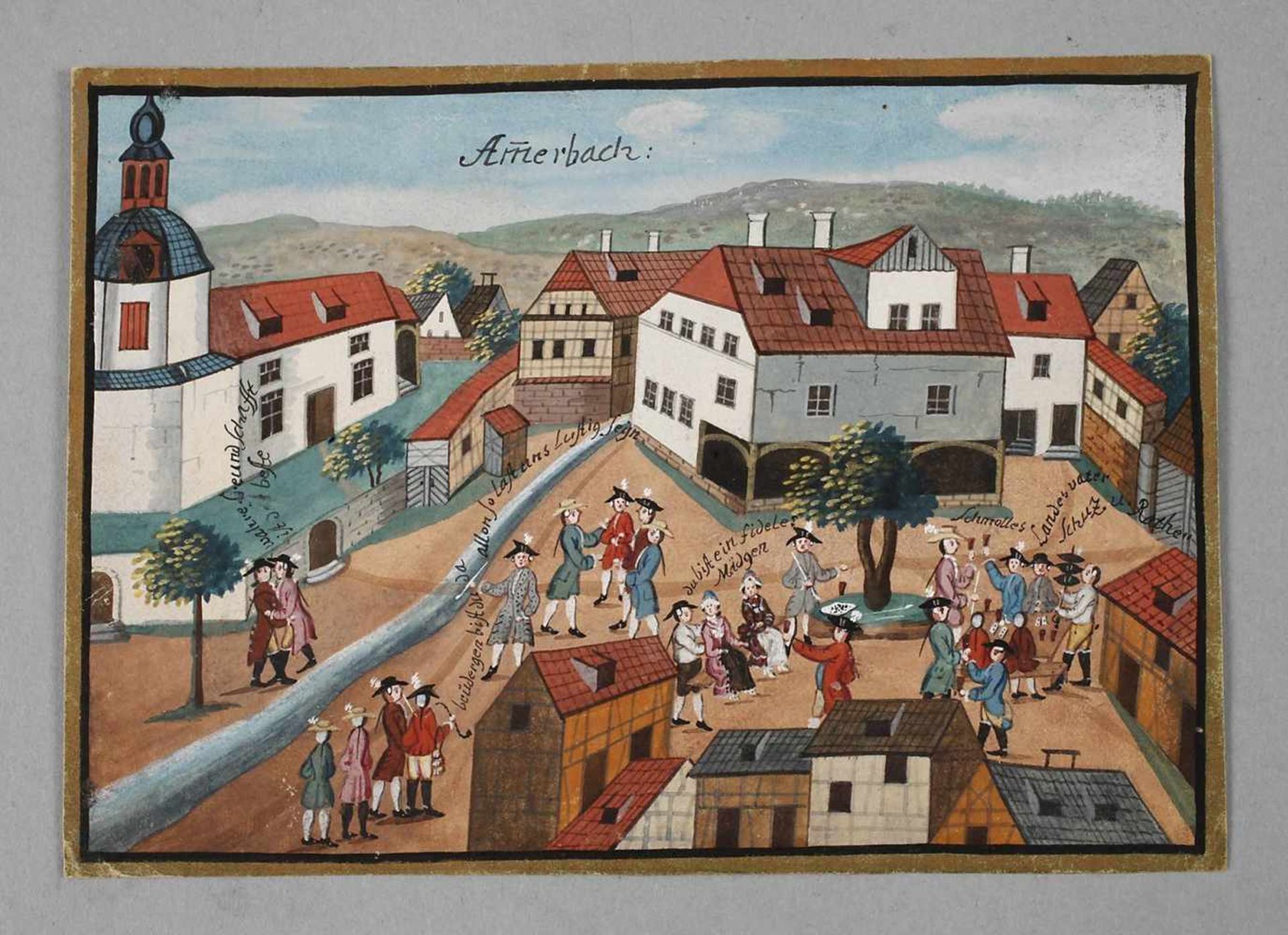 Stammbuchbildchen Ammerbach bei Jena Jena um 1750, Ansicht des Dorfes Ammerbach, gezeigt wird eine