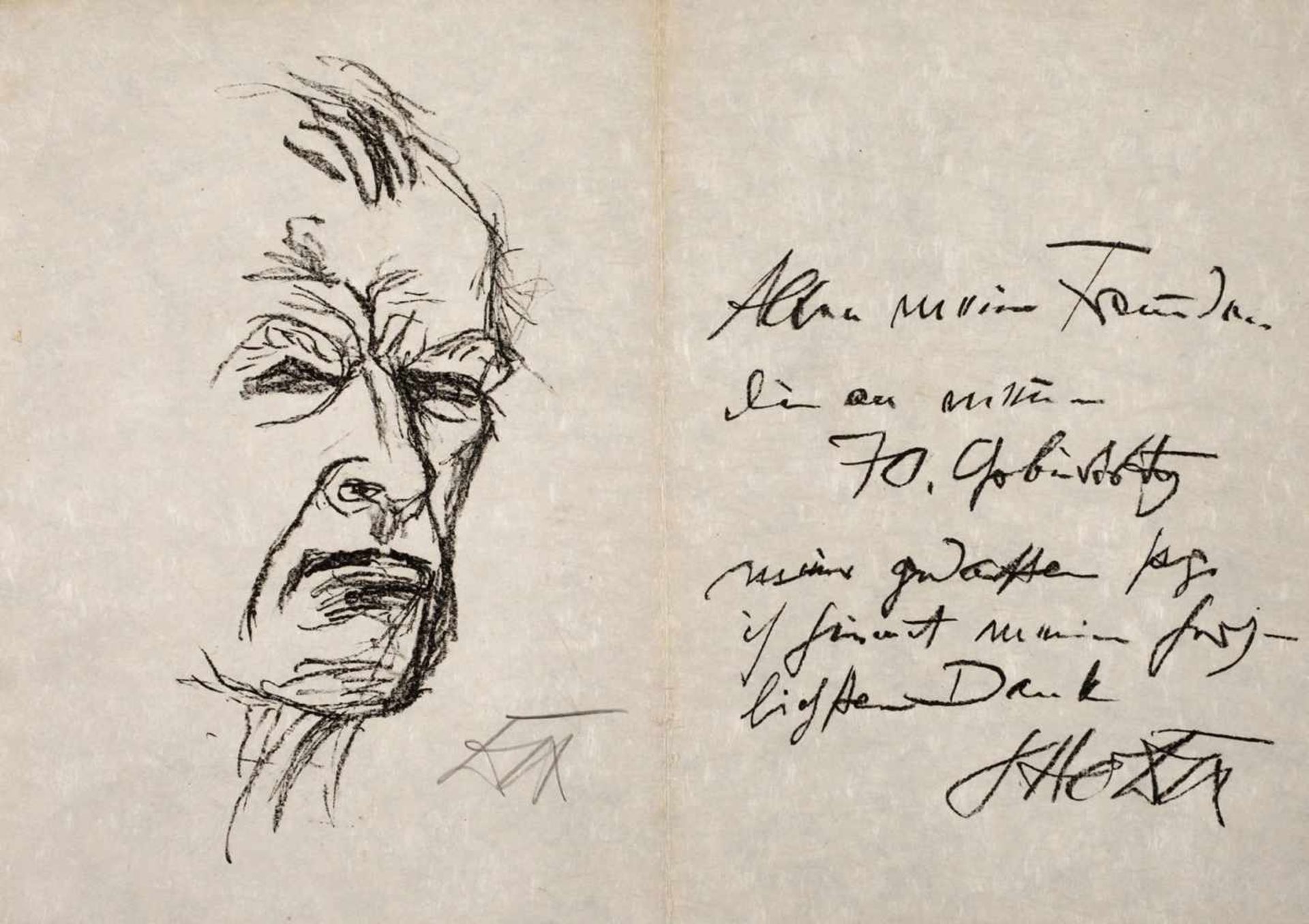 Otto Dix, Danksagung zum 70. Geburtstagim linken Bereich charaktervolles Selbstportrait und im