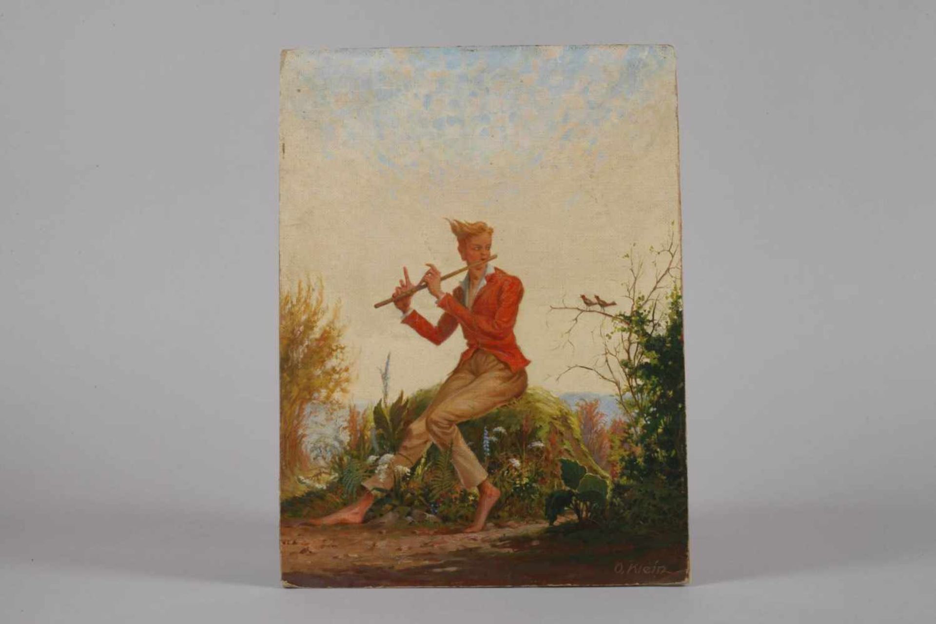 O. Klein, Das Frühlingsliedjunger Mann mit Flöte und zwei Singvögeln, mit ihm um die Wette - Bild 2 aus 3