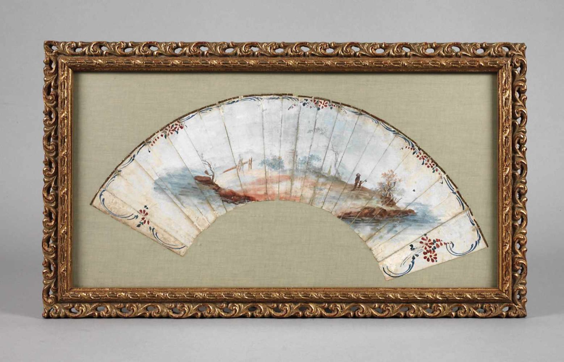 Gerahmter Fächer Rokokoum 1780, Gouache auf Papier, ungemarkt, Landschaftsmotiv, gerahmt von