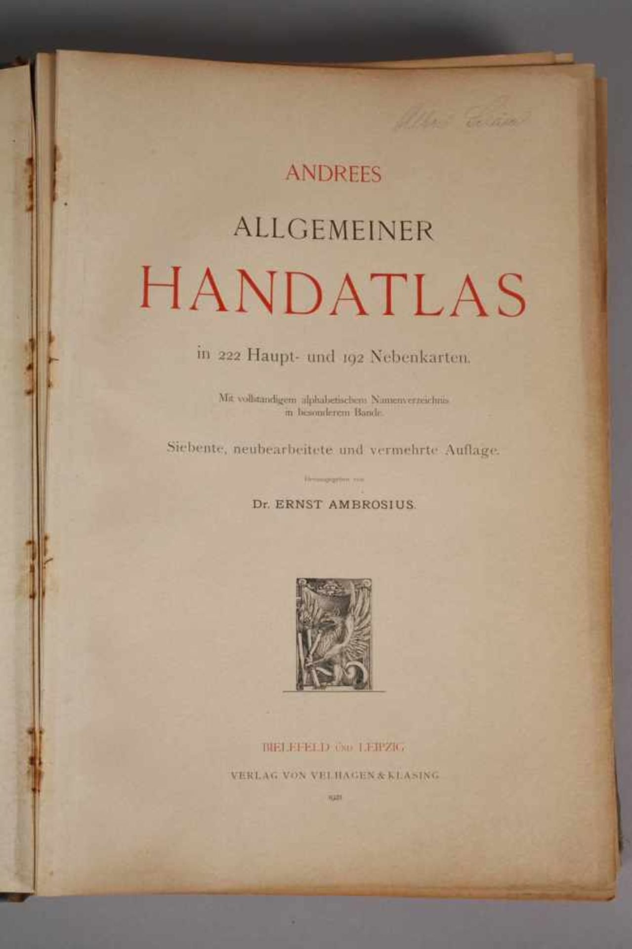 Andrees Allgemeiner Handatlasin 222 Haupt- und 192 Nebenkarten, 7. Aufl., hrsg. von E. Ambrosius, - Image 2 of 4