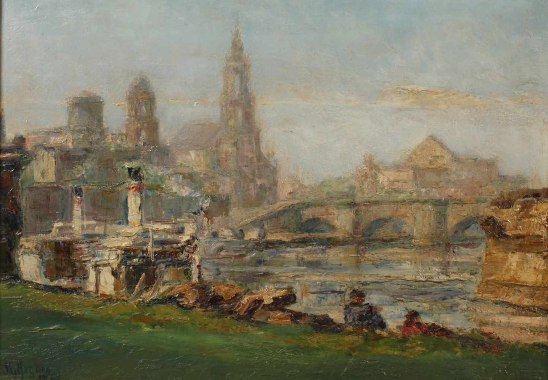 Johannes Hegner, Ansicht von DresdenBlick vom Käthe-Kollwitz-Ufer mit angelegten Dampfschiffen,