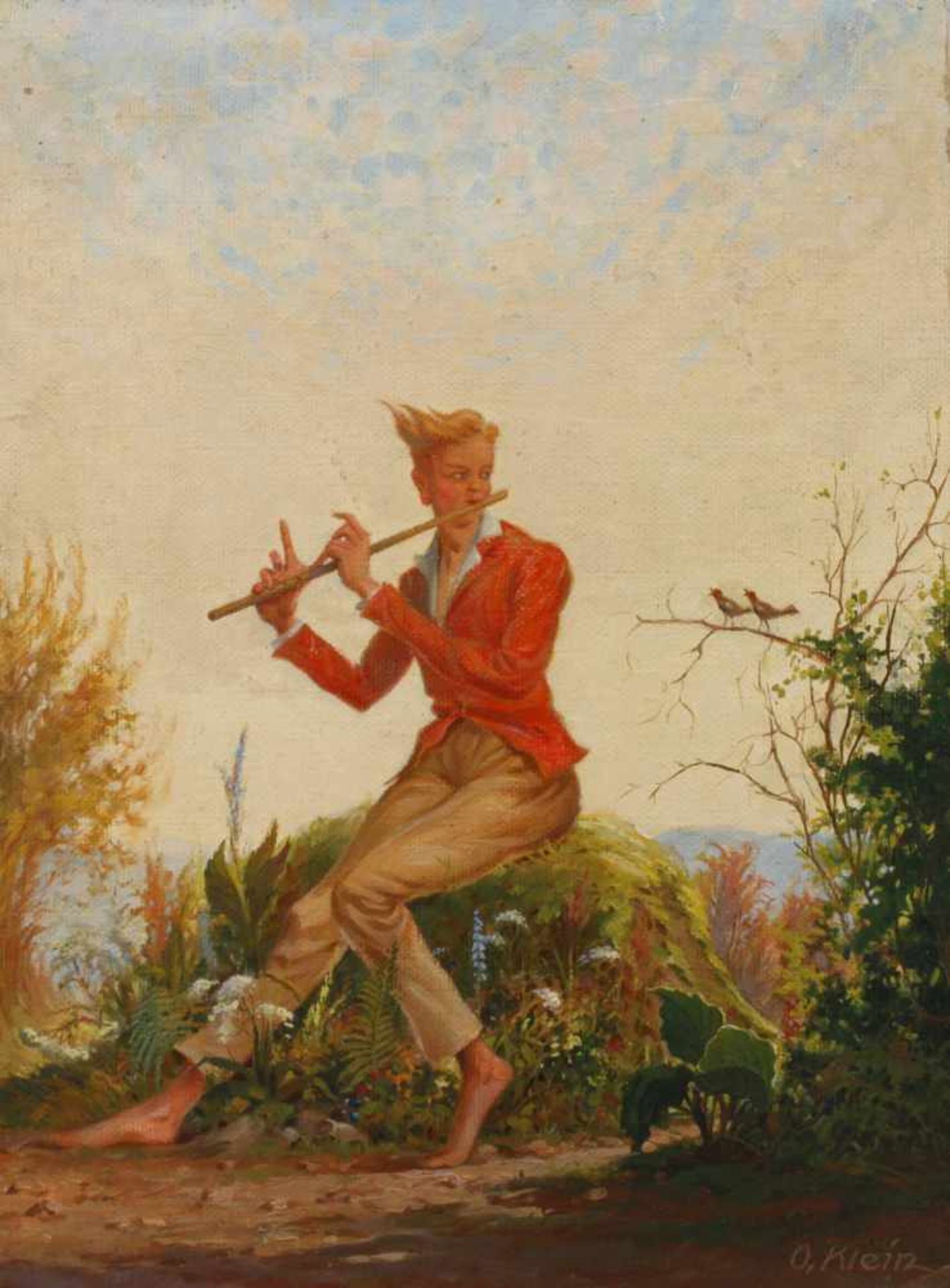 O. Klein, Das Frühlingsliedjunger Mann mit Flöte und zwei Singvögeln, mit ihm um die Wette
