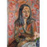 Bildnis der Jutta DelptHalbfigurenbildnis einer jungen brünetten Dame, sinnend am Tisch sitzend, vor
