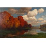 Herrmann Rüdisühli, Herbstliche Seelandschaftstimmungsvoller Blick vom Ufer über sonnigen See, zum