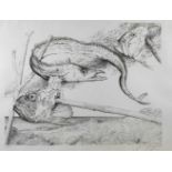 Günter Grass, Fischköpfesich zwischen zwei auf Stecken gespießten Fischköpfen windender Aal, vor