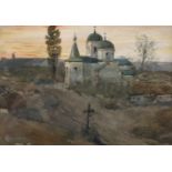 Russische Kirche auf dem Landein leicht hügeliger Landschaft einsam stehende Kirche, im Licht des