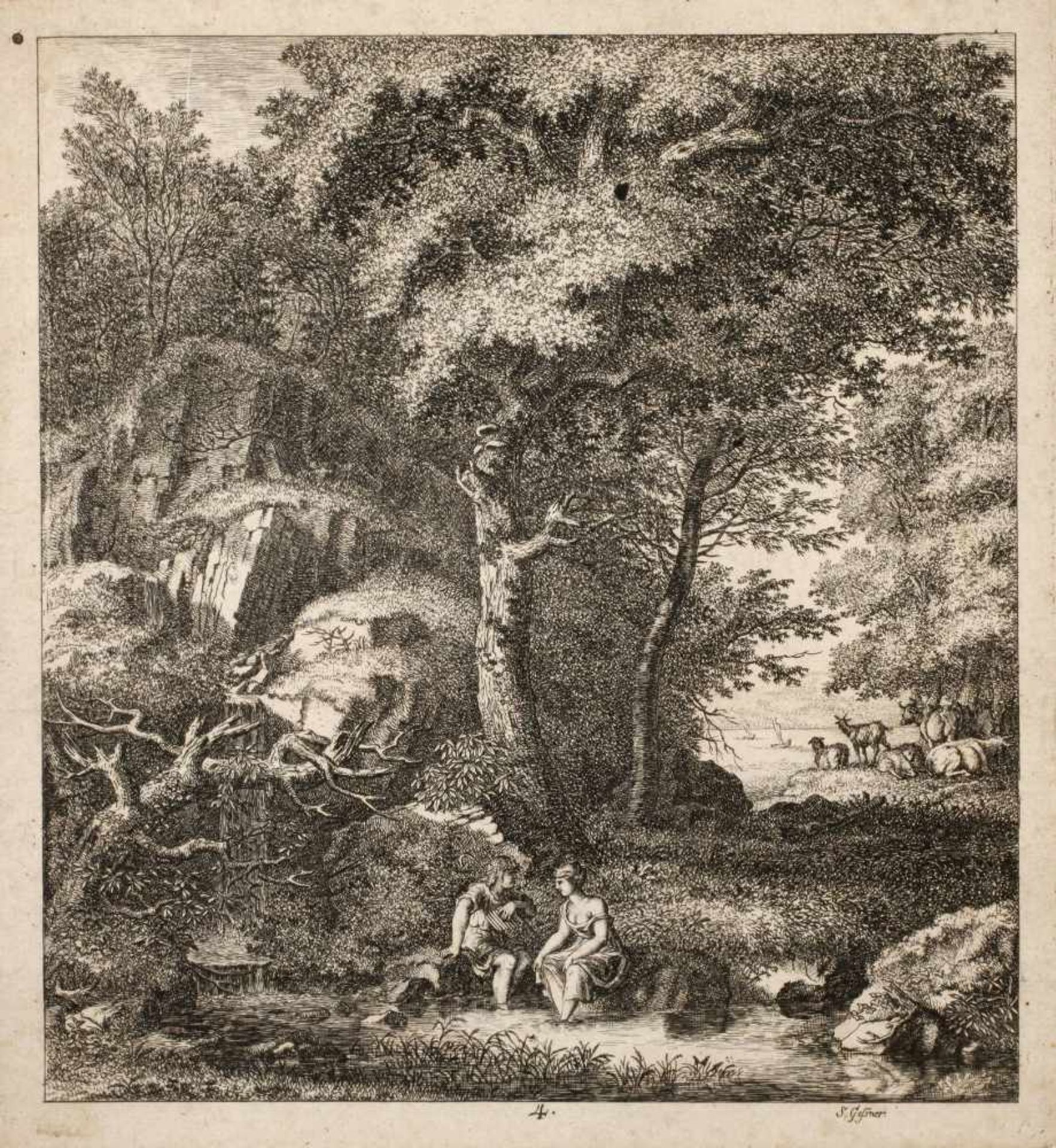 Salomon Gessner, Bukolische LandschaftIdyll mit Hirtenpaar vor felsiger Kulisse am Bach, die Füße im