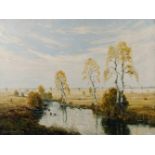 Josef Rolf Knobloch,"Herbstlicher Wiesenbach"weite, lichte Landschaft mit Birken am Bach, pastose