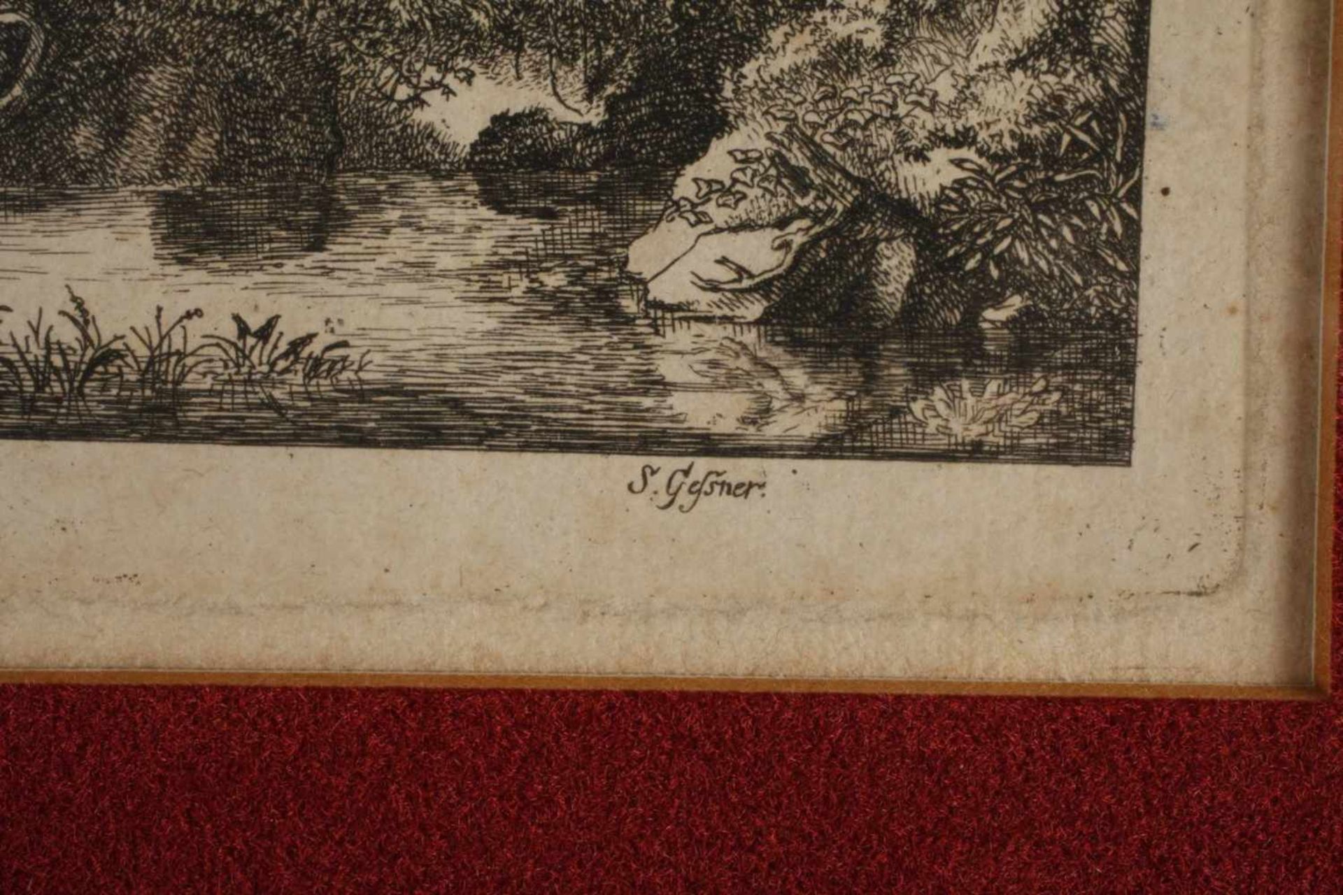 Salomon Gessner, Bukolische LandschaftIdyll mit Hirtenpaar vor felsiger Kulisse am Bach, die Füße im - Bild 3 aus 3