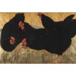 Georges Manzana-Pissarro, Vier HühnerGruppe von schwarzen Hühnern bei der Futtersuche auf einer