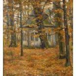 Alfred Thomas, Pavillon im HerbstwaldBlick vorbei an bunt verfärbten Laubbäumen, auf barockes