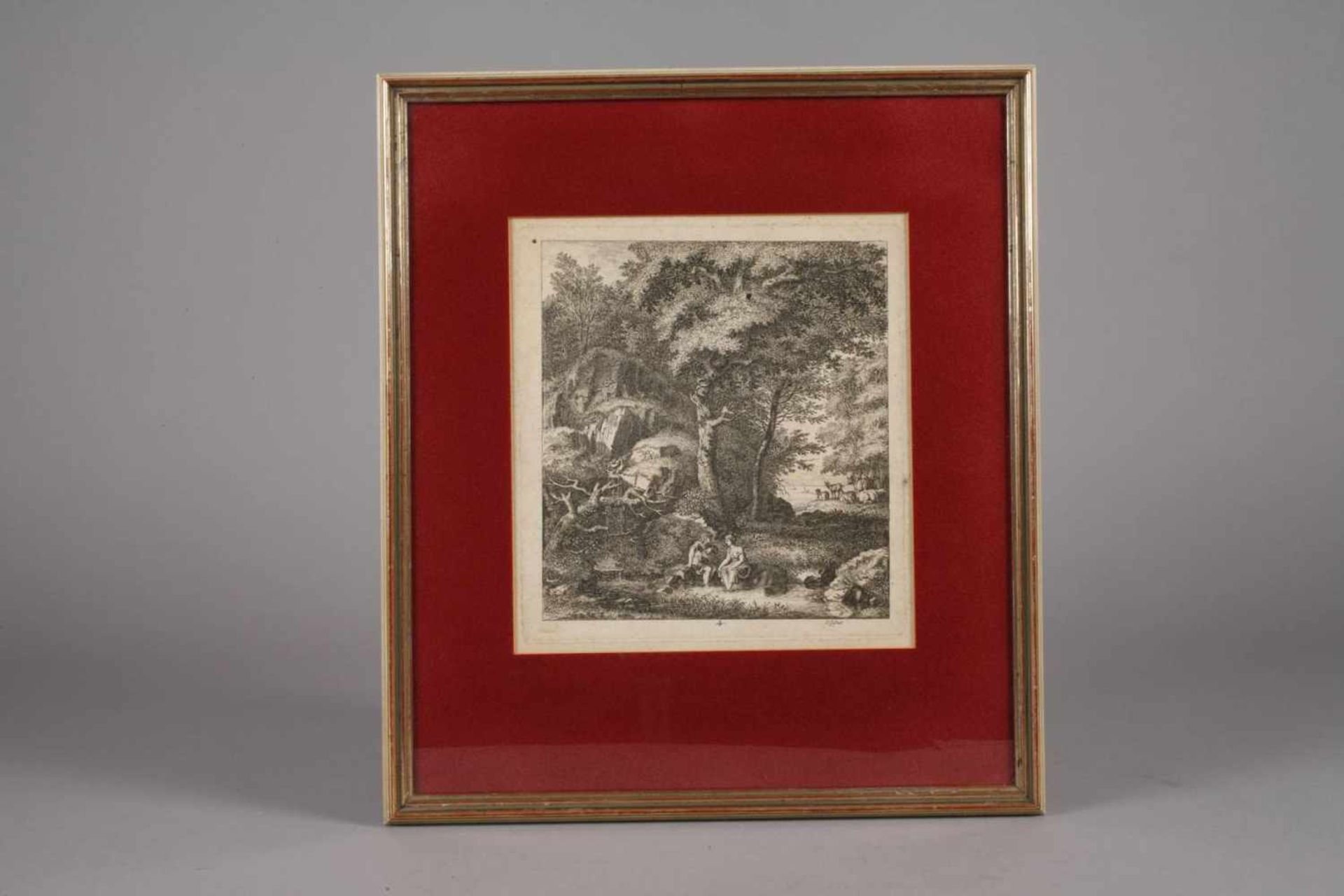 Salomon Gessner, Bukolische LandschaftIdyll mit Hirtenpaar vor felsiger Kulisse am Bach, die Füße im - Bild 2 aus 3