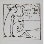 Franz Marc, Eigenexlibrisan einen Baum mit großer Malerpalette gelehnte nackte Frau, über einen