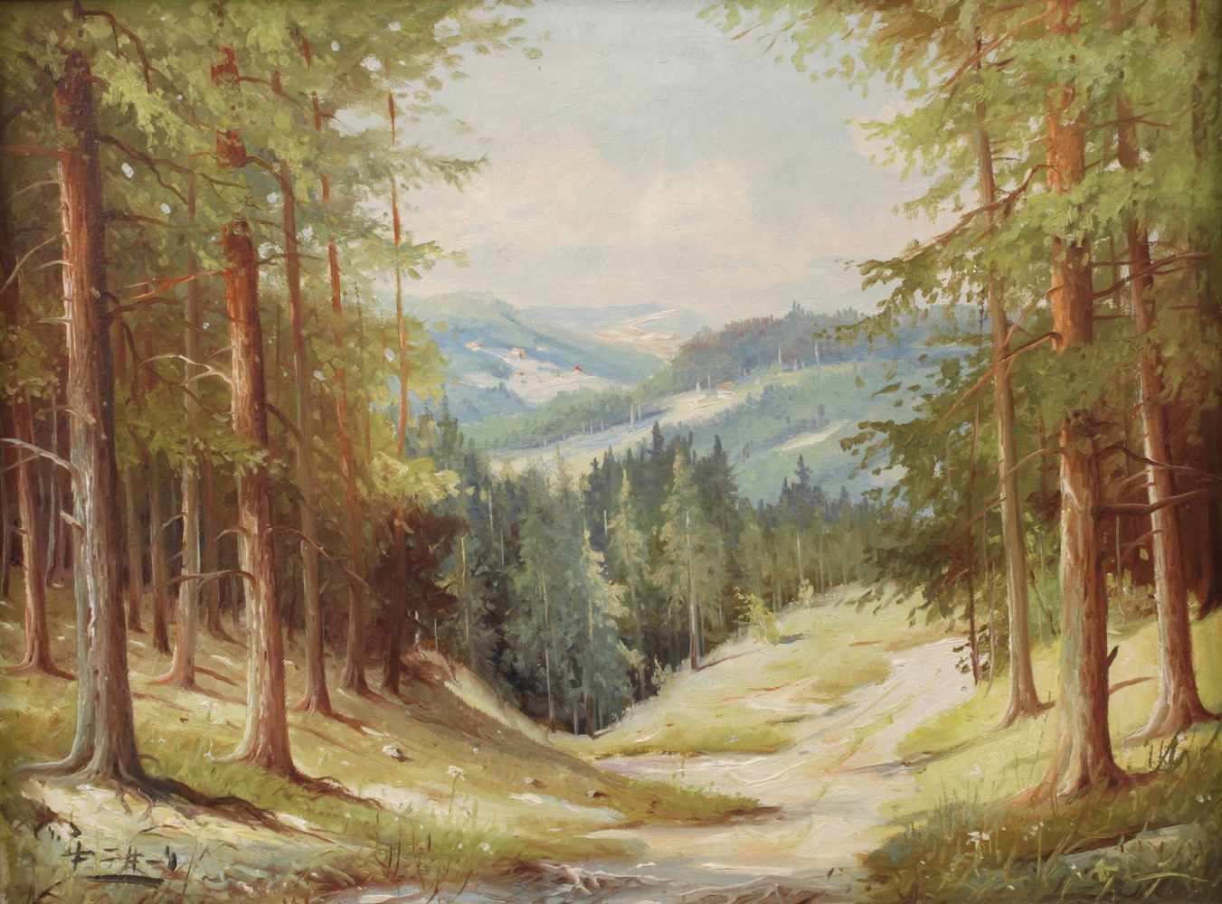 Pfeuffer, "Thüringer Waldlandschaft"sommerlicher Blick von einer Anhöhe, entlang eines Waldweges, in