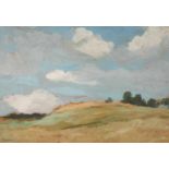 Gustav Macoun, Landschaftsstudie mit Wolkensanft bewegte, sonnige Sommerlandschaft, mit Wiesen und