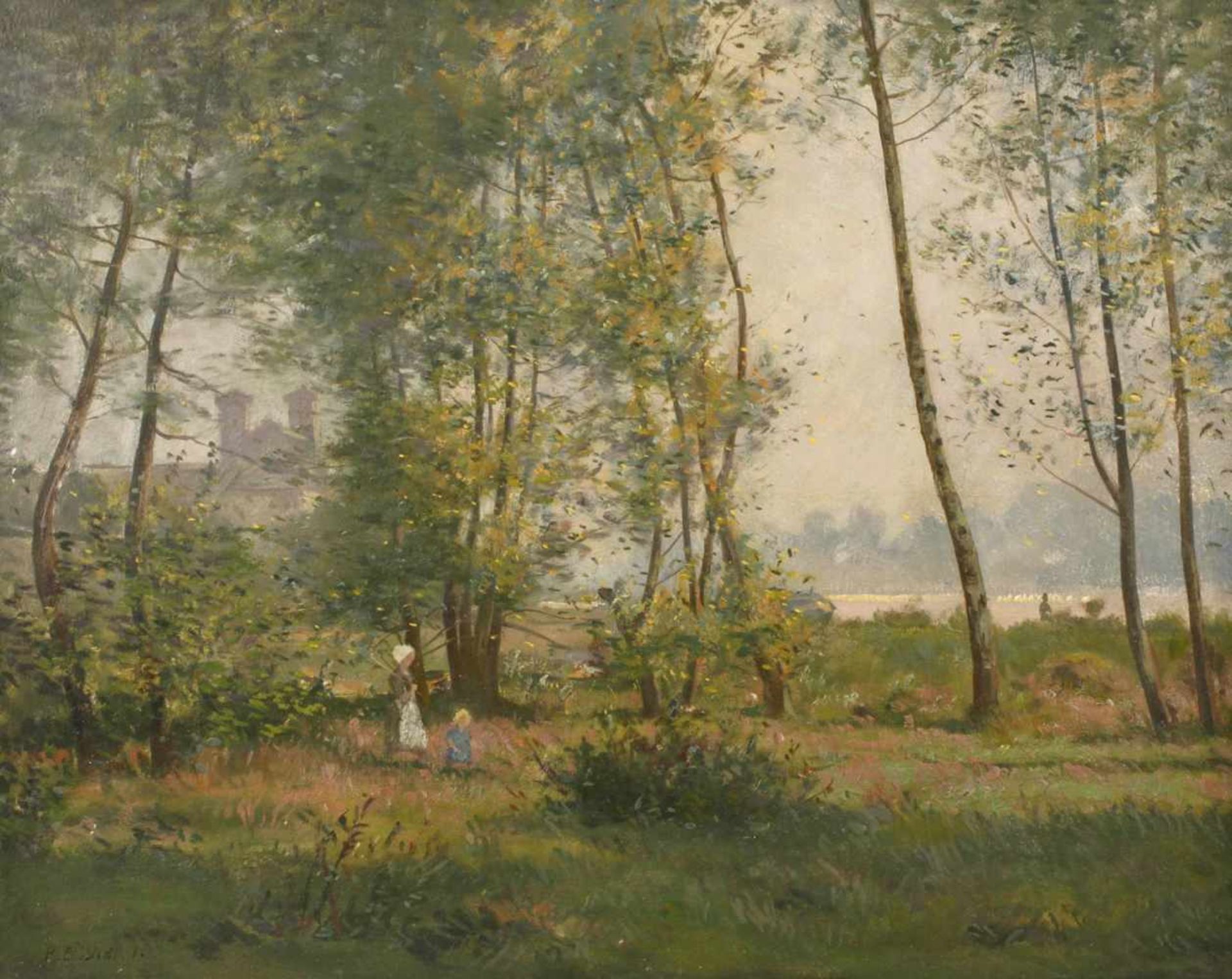 Rudolf Pleissner, Böhmisches Sommeridylllichte Szene, mit Bäuerin und Kind, unter Birken am Seeufer,