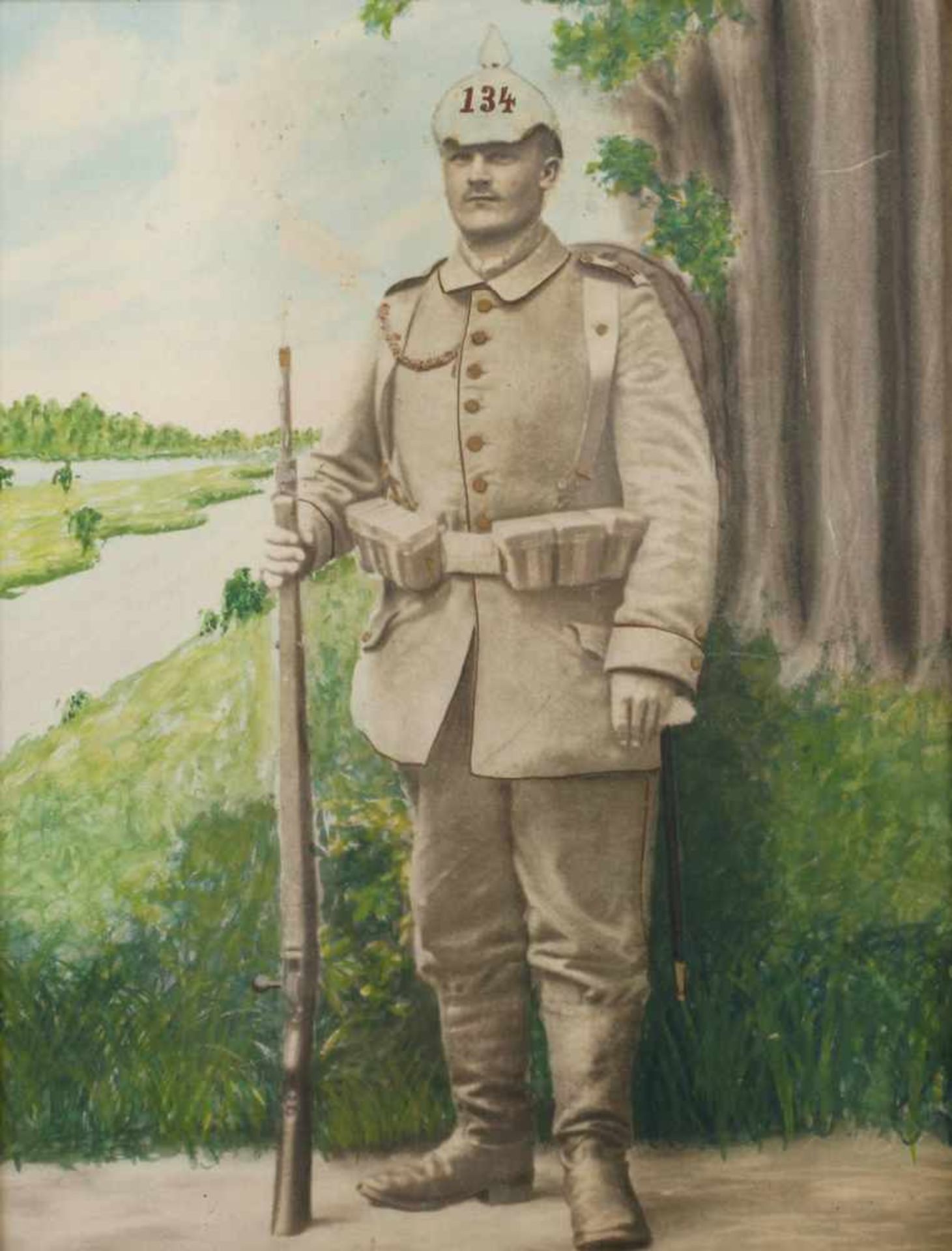 Kolorierte Fotografie 134. Regt. Plauenum 1910, Portraitfotografie, in voller Montur mit