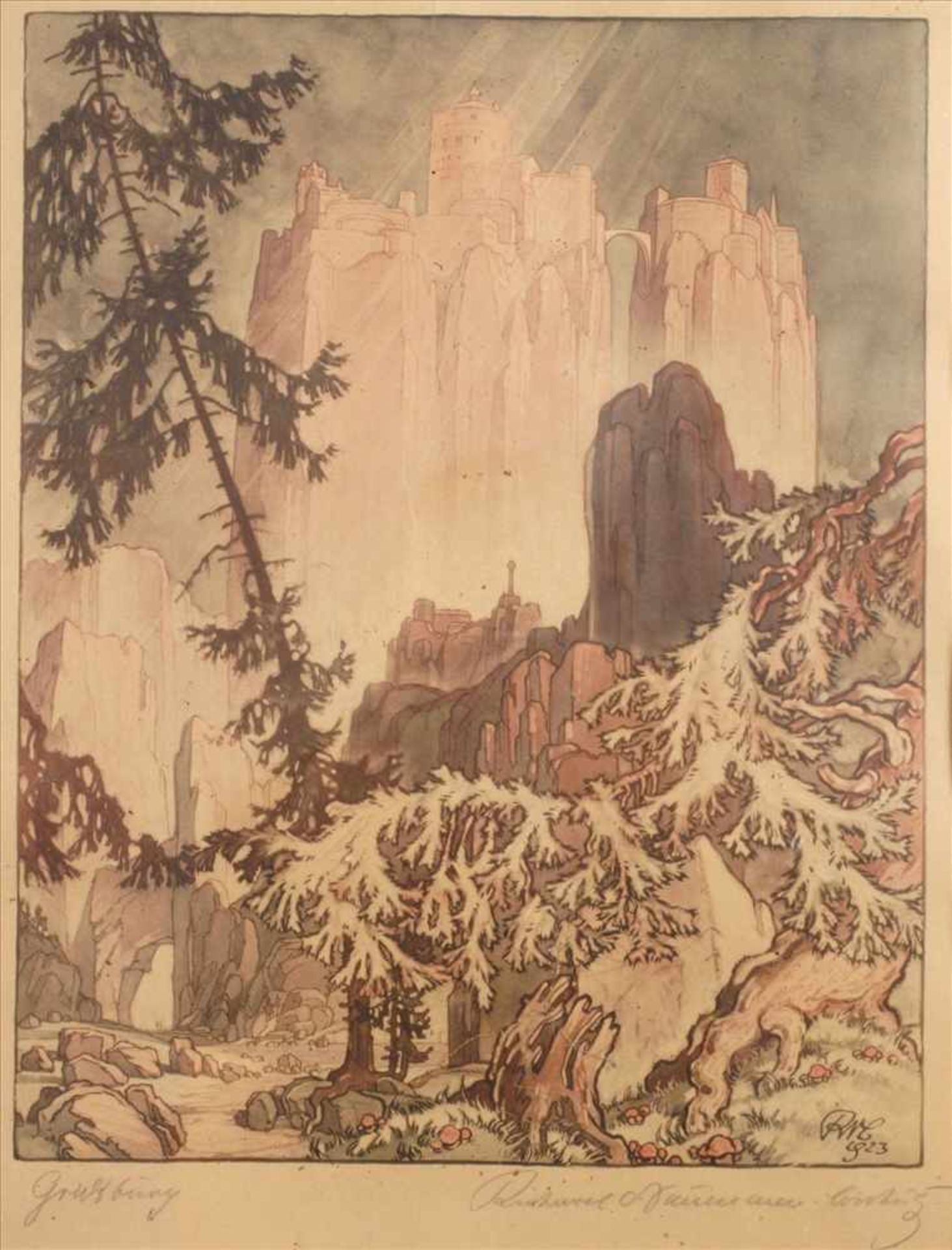 Richard Naumann-Coschütz, "Gralsburg"phantastische Landschaft mit sagenumwobener Burg, auf hohem