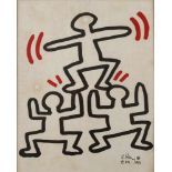 Keith Haring, The pyramiddrei für Haring typische Figuren eine Pyramide bauend, Farbserigraphie,