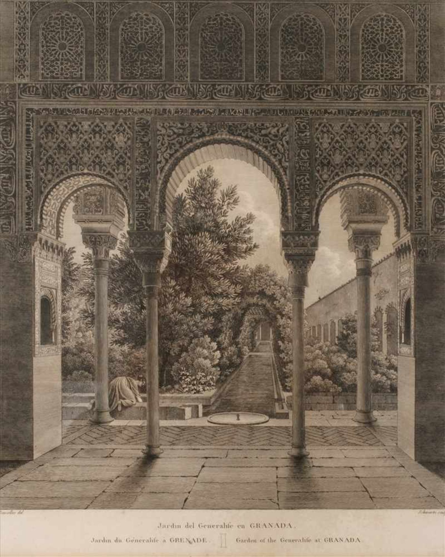 Schwartz, Garten der AlhambraBlick durch Säulen auf einen Garten mit Wasserspiel, Stahlstich, 2.