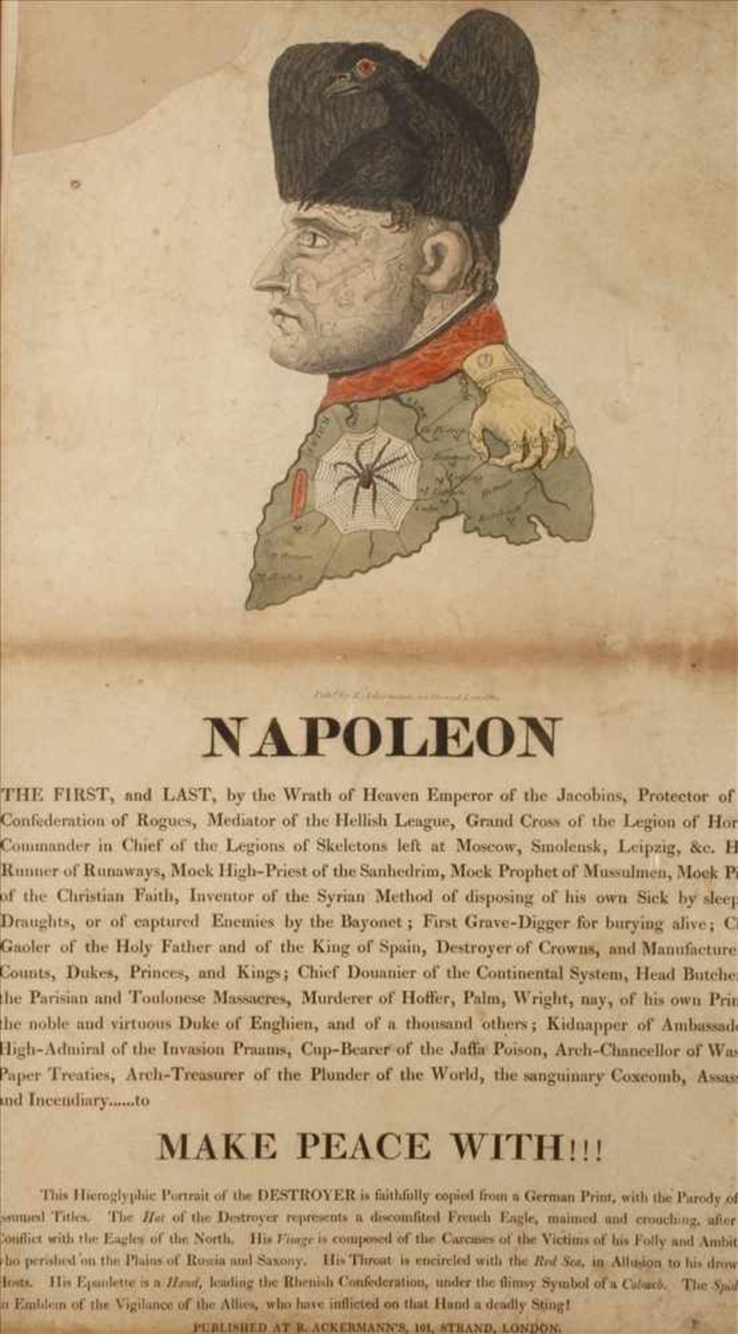 Karikatur auf NapoleonText über den französischen Kaiser und darüber verunglimpfendes Portrait, wohl