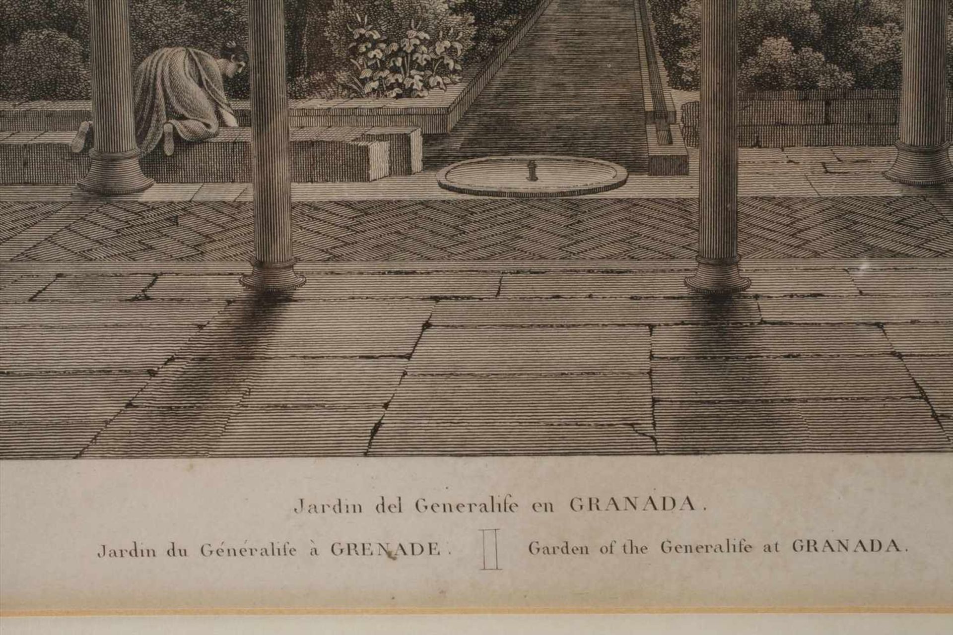 Schwartz, Garten der AlhambraBlick durch Säulen auf einen Garten mit Wasserspiel, Stahlstich, 2. - Bild 4 aus 5