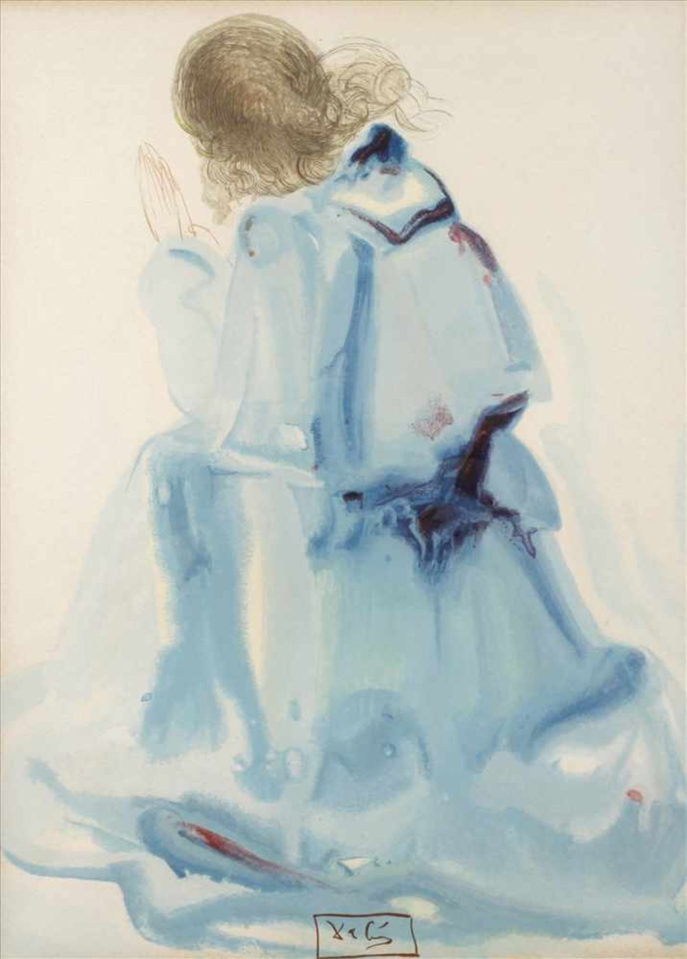 Salvador Dali, nach, "Das Paradies"Rückenansicht einer knienden, betenden jungen Frau im wallendem