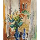 Heinz Tetzner, Blumenstilllebenauf einer Fensterbank stehende blaue Vase mit Blumen, Aquarell in