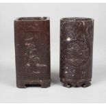 Zwei VasenChina 20. Jh., Steinschnitzereien, eine mit zylindrischem Korpus und reliefierten