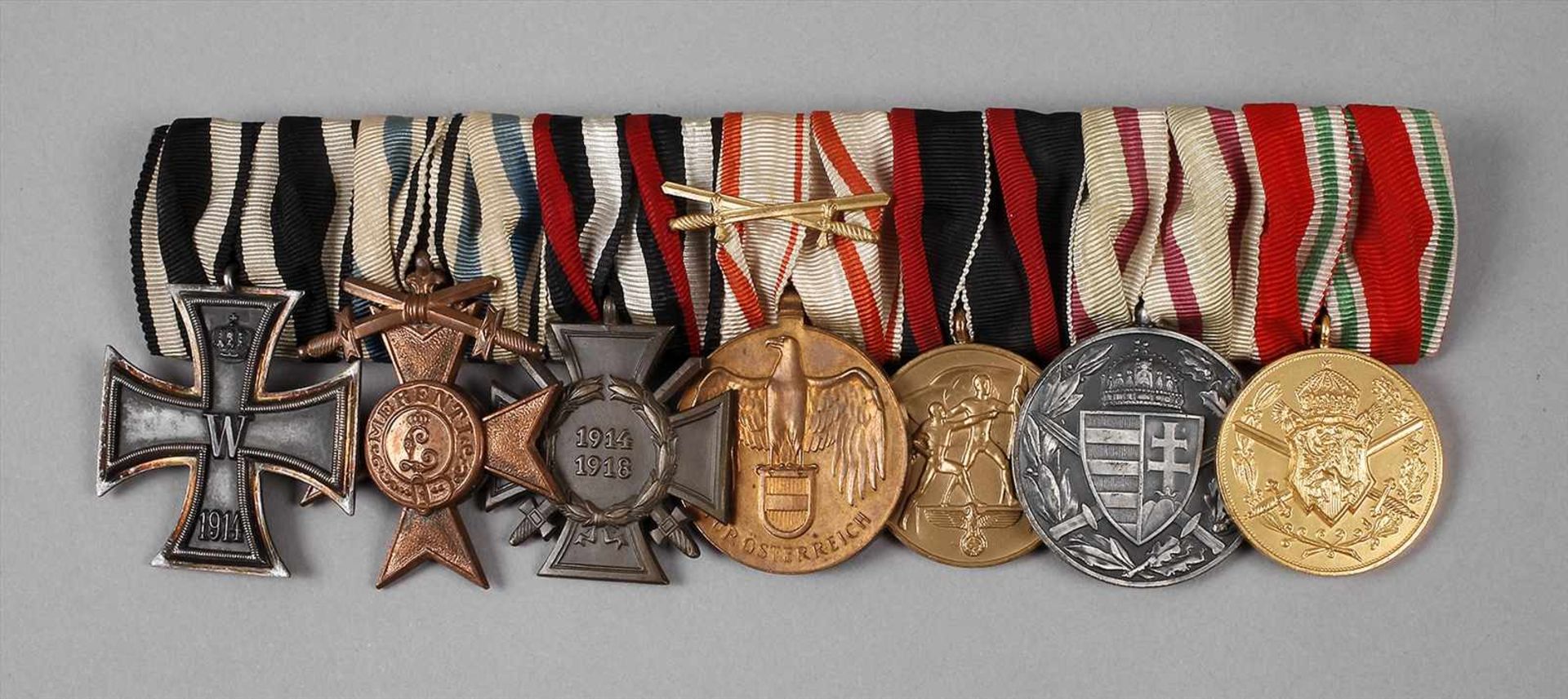 Lange Ordensspange 1. WK mit Eisernem Kreuz 1914, Militärverdienstkreuz 3. Klasse mit Schwertern,