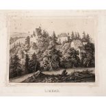 Ansicht "Liebau"Blick auf die teils von Bäumen verdeckte Burgruine, aus Gustav Adolph Poenicke "