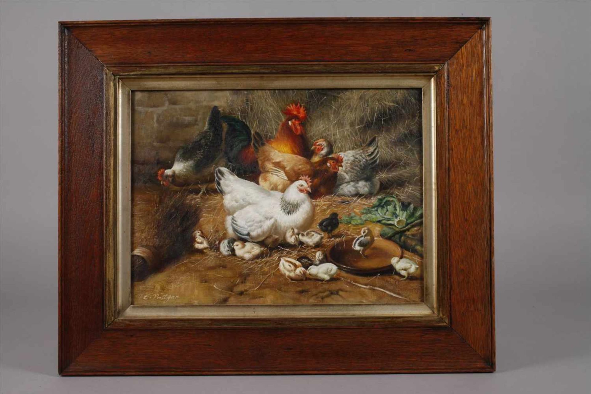 C. Böttger, Geflügelidyllprächtiger Hahn mit Hennen und Küken im Stall, fein lasierende, teils - Bild 4 aus 4