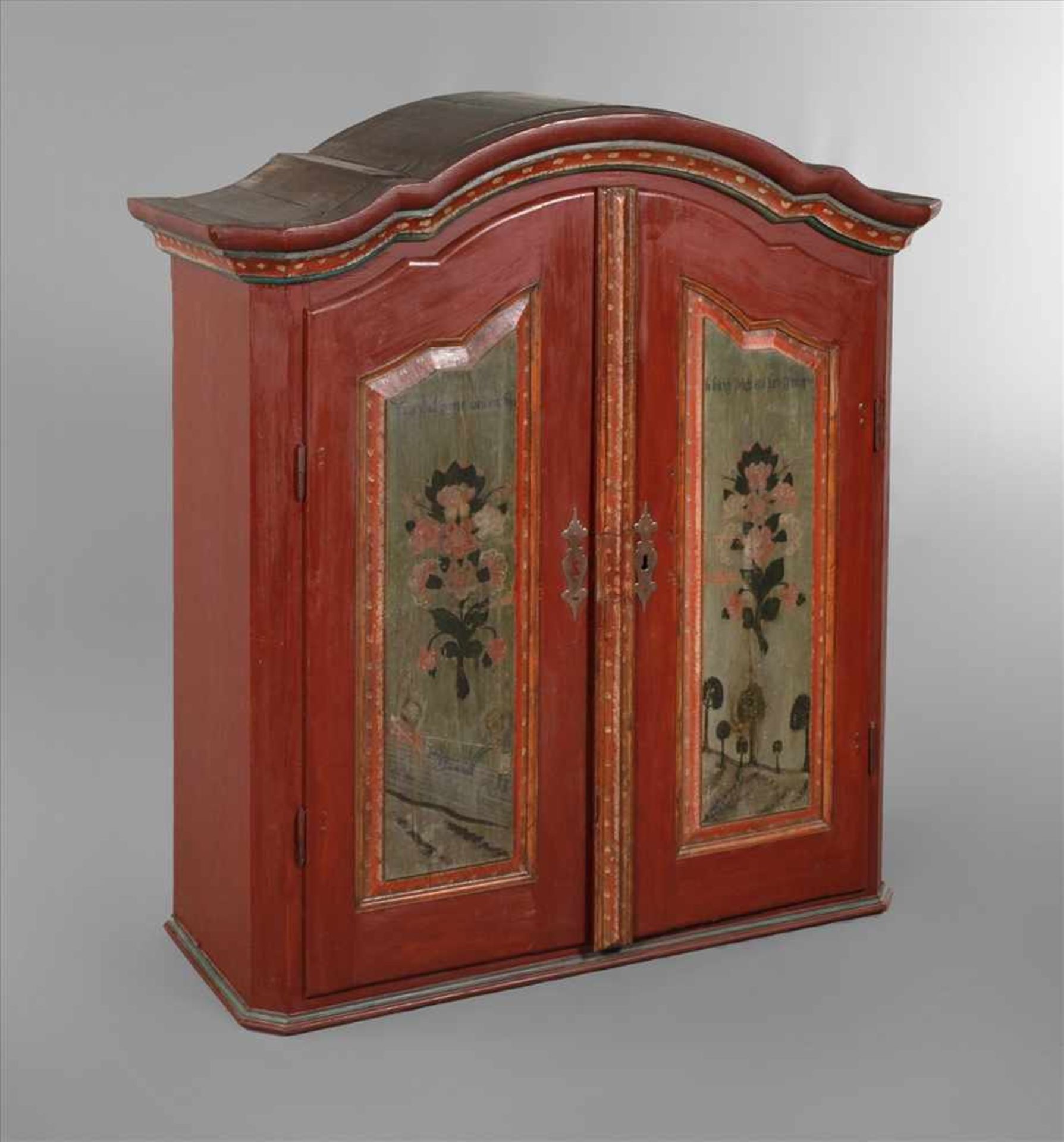 Aufsatzschrankbäuerlich, um 1800, Nadelholz massiv, farbig gefasst, mit Inneneinrichtung, alt