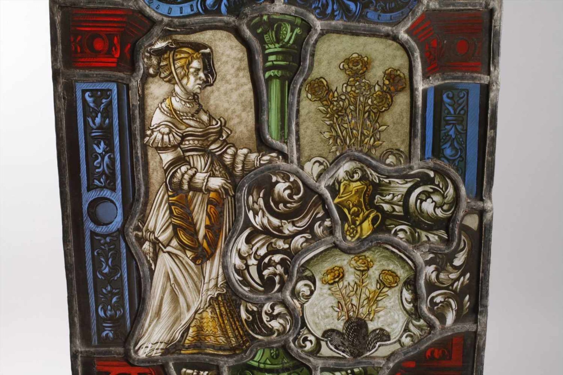 Bleiglasfenster im Renaissancestil19. Jh., in den Ecken Spruchbänder, biblische Szenen, guter - Bild 2 aus 3