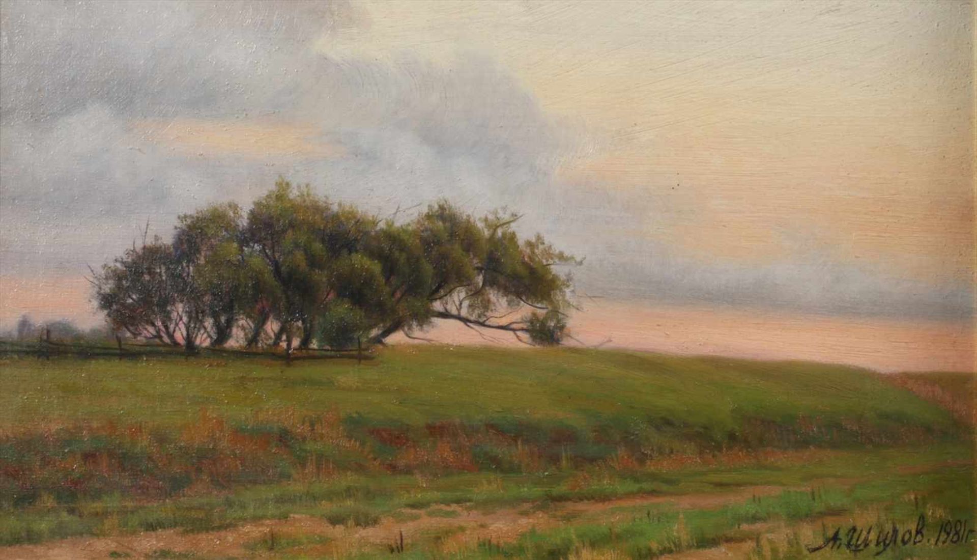 Alexander Shilov, "Bechewo"leicht hügelige Landschaft, mit vom Wind gezeichneter Baumgruppe, im