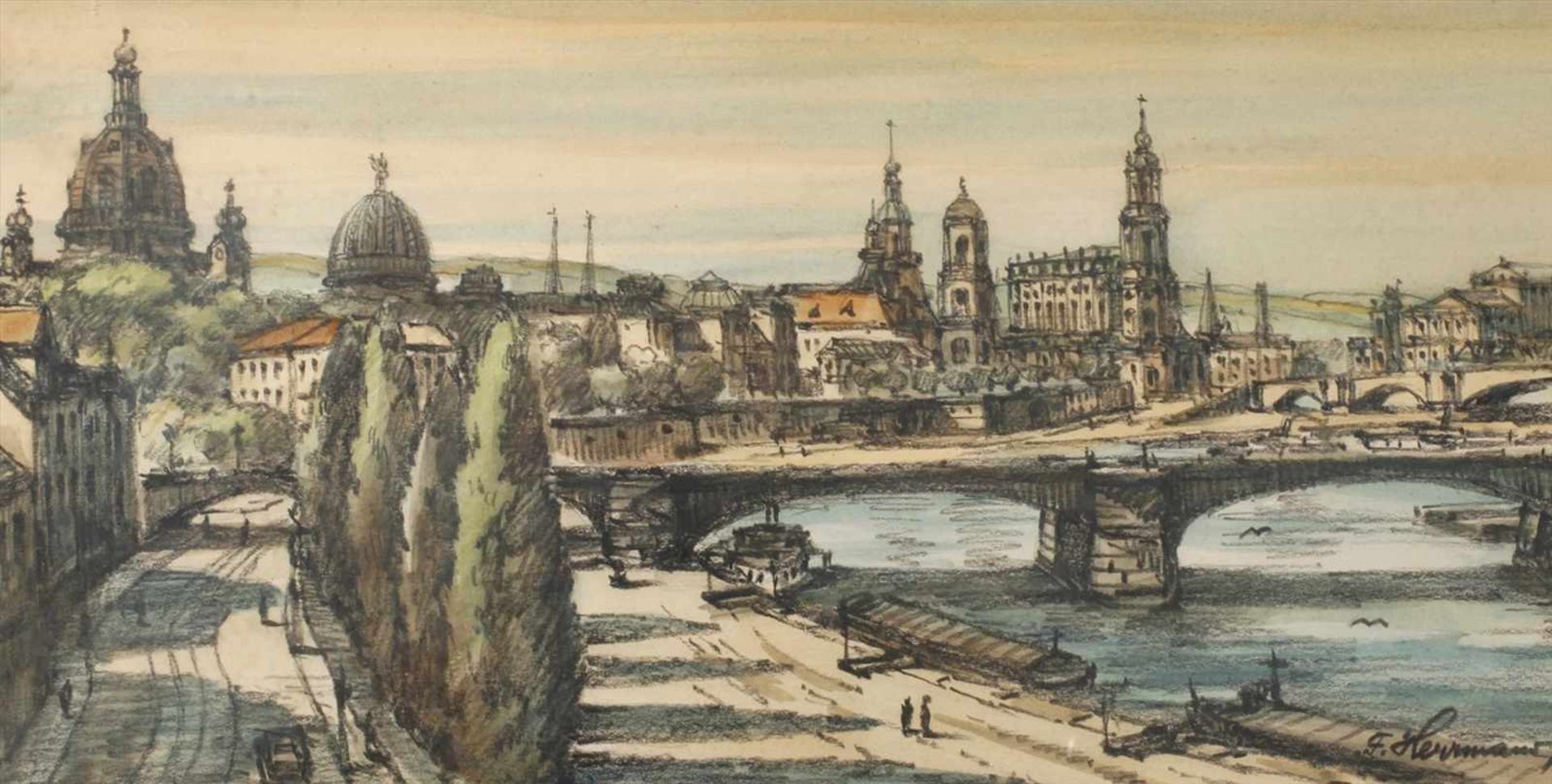 F. Herrmann, Dresdenansichtsommerlicher Blick, entlang des Terrassenufers, auf die Altstadt von