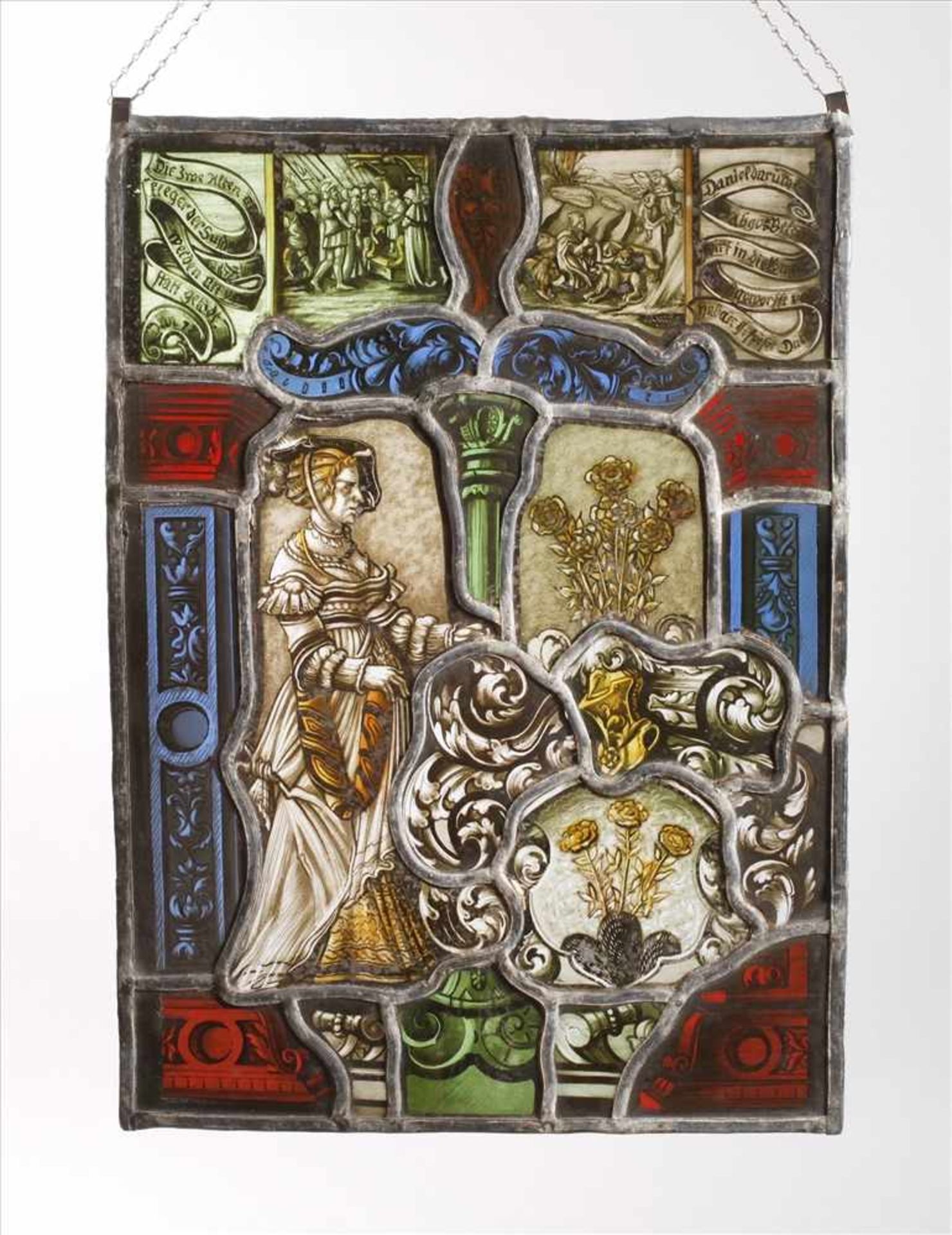 Bleiglasfenster im Renaissancestil19. Jh., in den Ecken Spruchbänder, biblische Szenen, guter