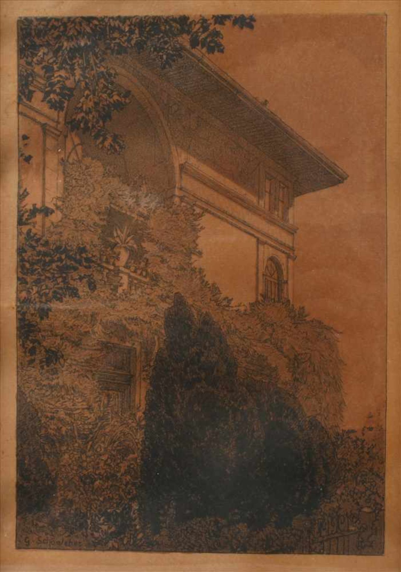 Gustav Schönleber, Partie in ItalienBlick auf eine von Pflanzen umwucherte italienische Villa,