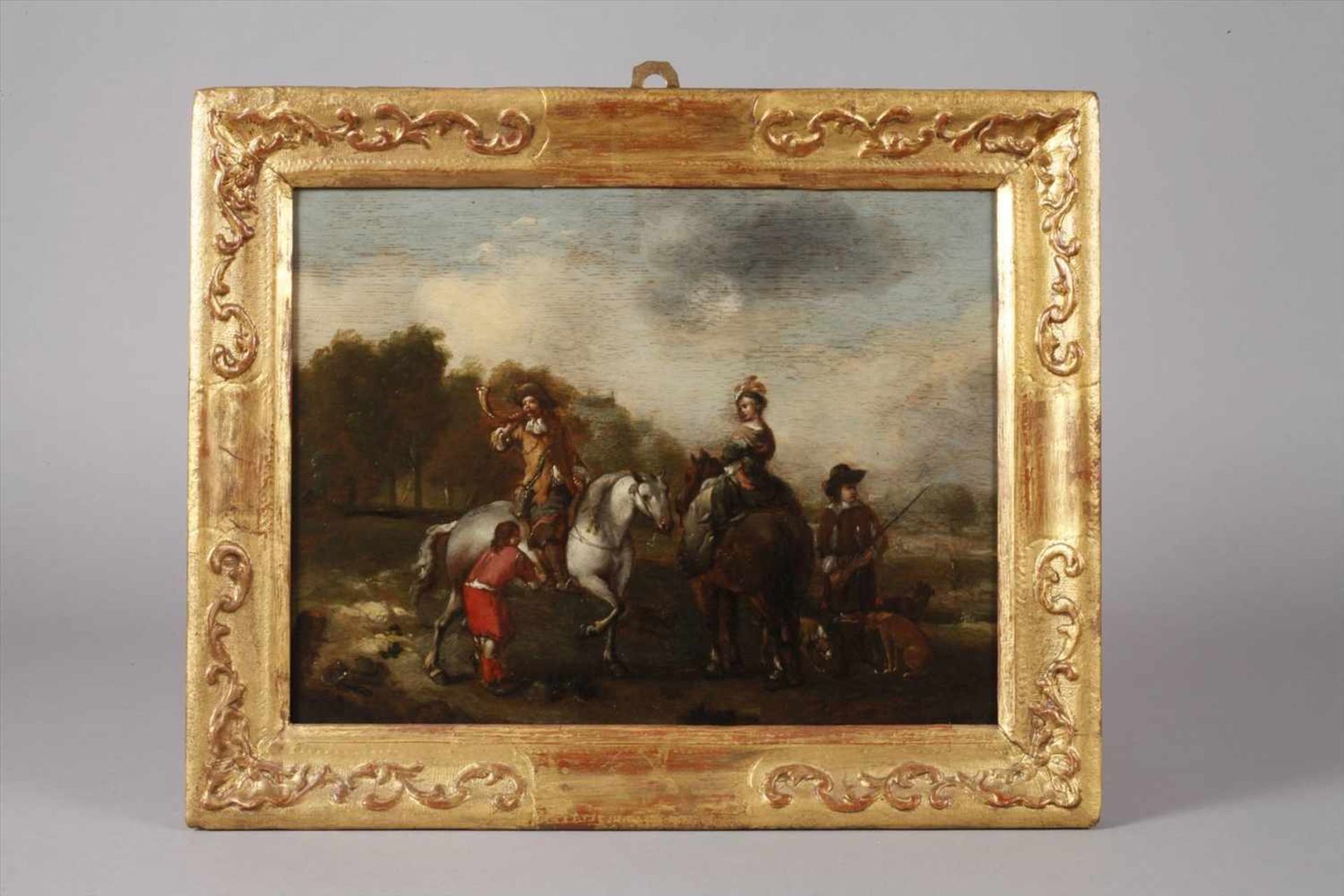 Barocke Jagdgesellschaftherrschaftliches Paar, hoch zu Pferd, mit zwei Jagdknechten und Hunden in - Bild 4 aus 4