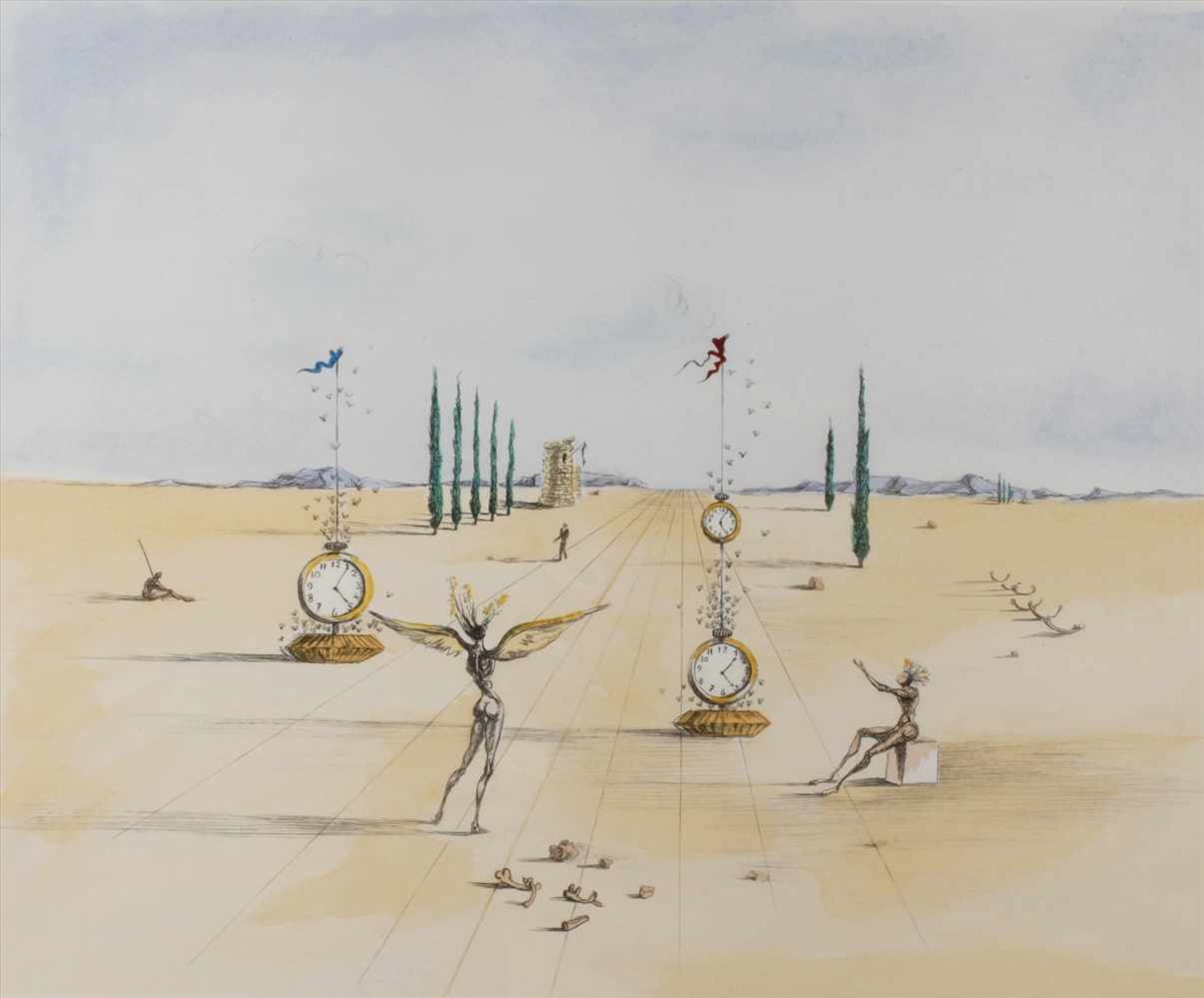 Salvador Dali, "Die Teestunde"weite Landschaft unter blauen Himmel mit breiter Allee und einigen