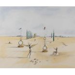 Salvador Dali, "Die Teestunde"weite Landschaft unter blauen Himmel mit breiter Allee und einigen