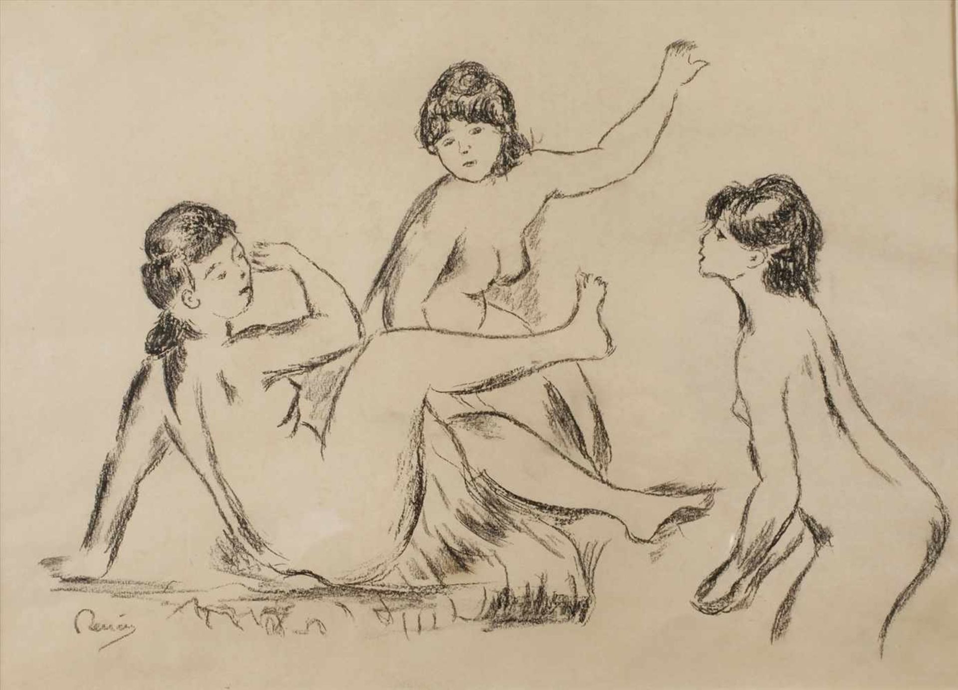 Auguste Renoir, Badendedrei badende und sich neckende Frauen, Lithographie, um 1890, links unten