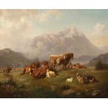 Louis Reinhardt, Viehherde auf der AlmRinder, Schafe und Ziegen auf einer Alpenwiese, vor der