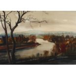 Richard Pusch, "Herbstlandschaft im Erzgebirge"Blick entlang eines Flusses in ein weites Tal, im