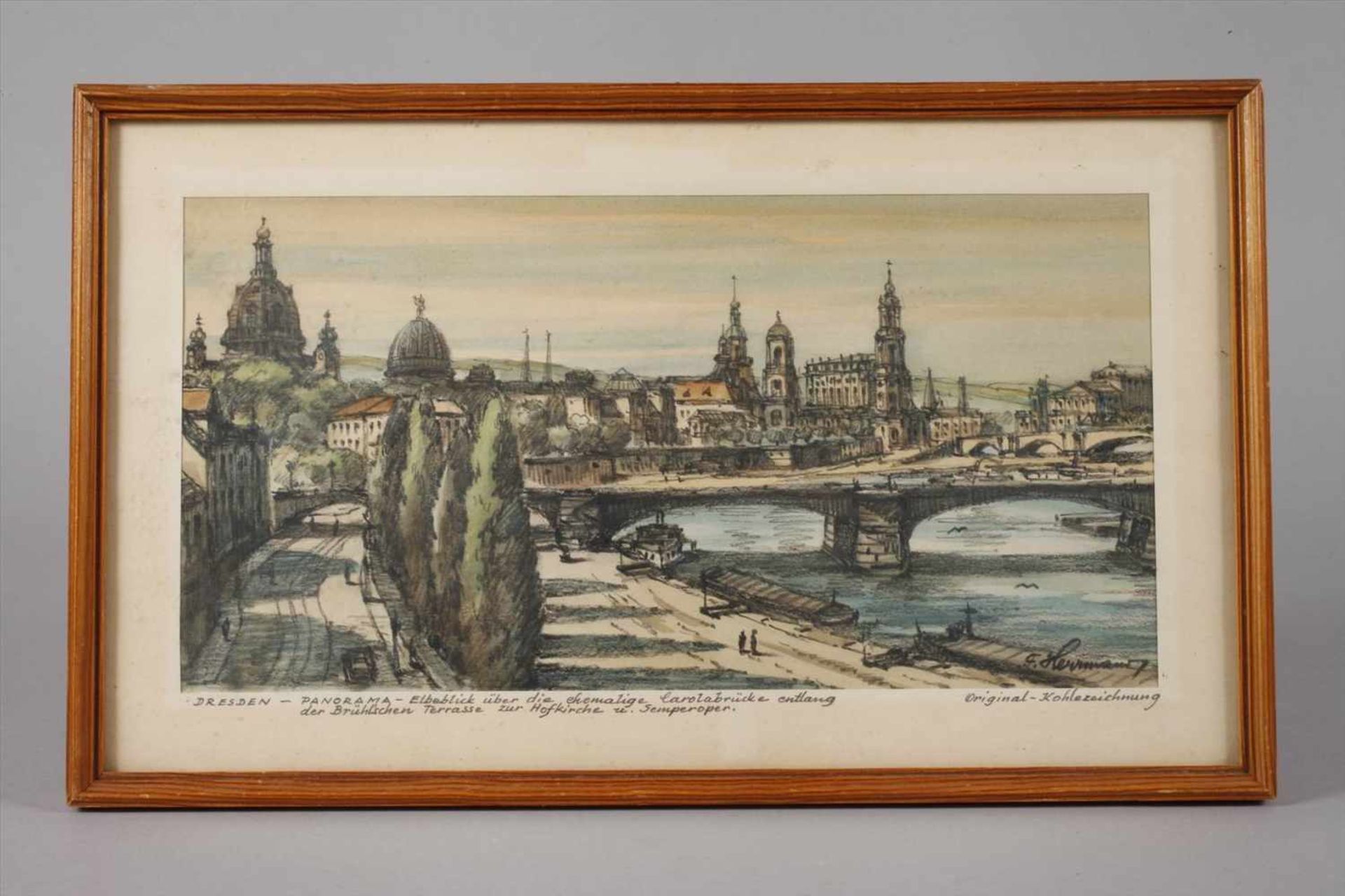 F. Herrmann, Dresdenansichtsommerlicher Blick, entlang des Terrassenufers, auf die Altstadt von - Bild 2 aus 3