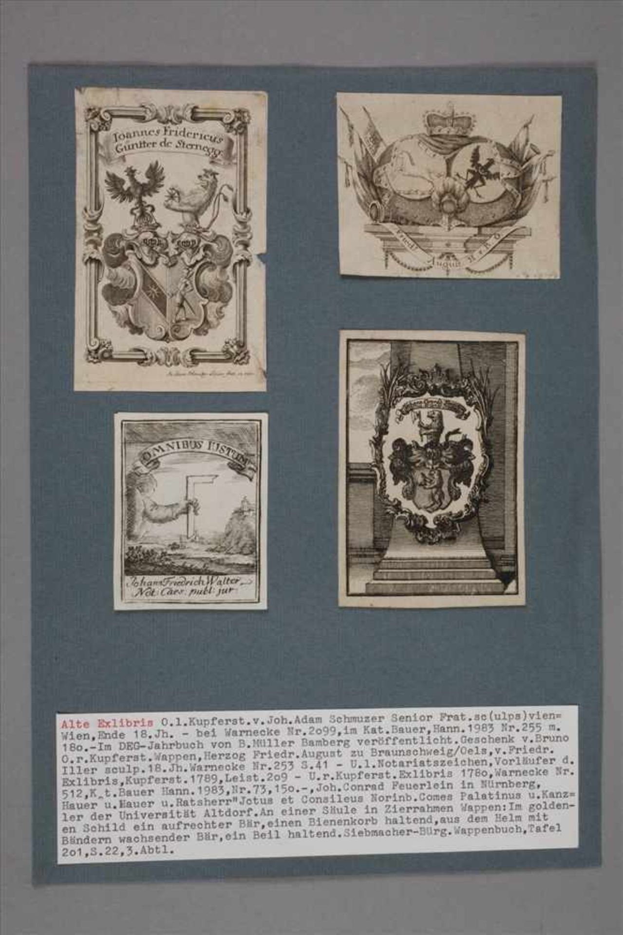 Konvolut Exlibris des 18. Jahrhundertsfünf Kupferstiche, 1.) Johann Adam Schmuzer, sen. - Warnecke - Bild 3 aus 3