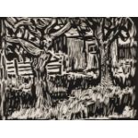 Fredo Bley, "Gartenhaus"hinter knorrigen Obstbäumen stehendes Gartenhaus, Linolschnitt auf Papier,