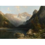 Alfred von Schönberger, BergseeBlick vom felsigen Ufer eines Bergsees mit Kahn zur imposanten