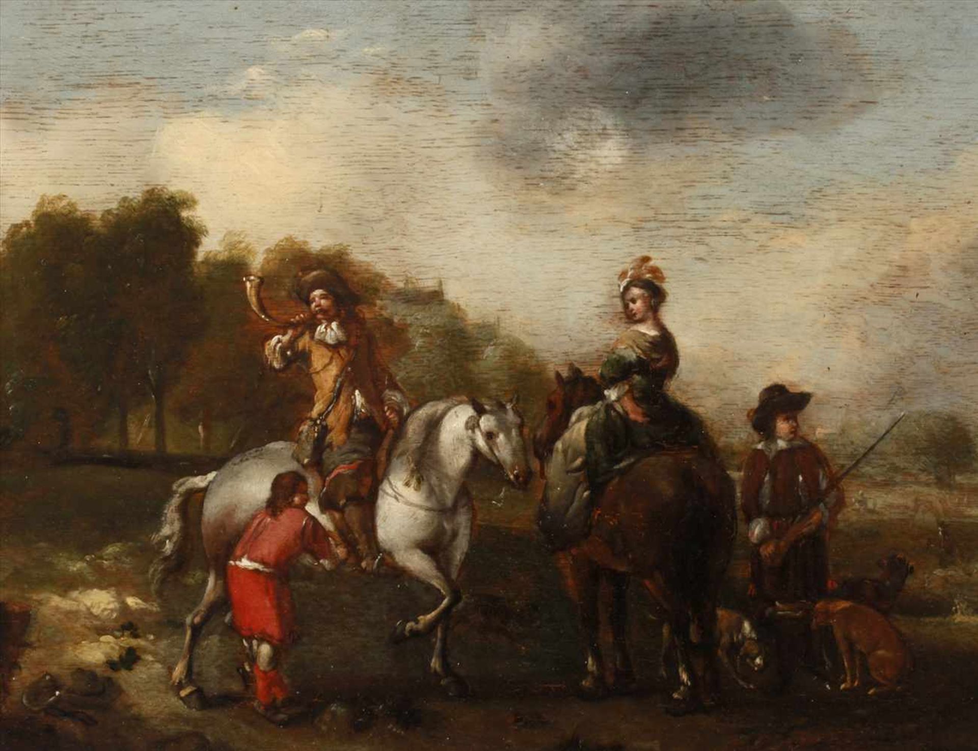 Barocke Jagdgesellschaftherrschaftliches Paar, hoch zu Pferd, mit zwei Jagdknechten und Hunden in